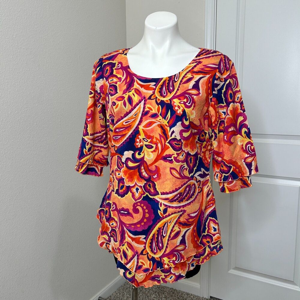 Soft Surroundings Top Womens S Orange Paisley Cotton Layered Tiered Ruffle Boho